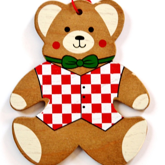 XMAS Ornaments Vintage Wood Teddy Bears Set of 3 MCM Made in Taiwan Cottagecore - Picture 4 of 8